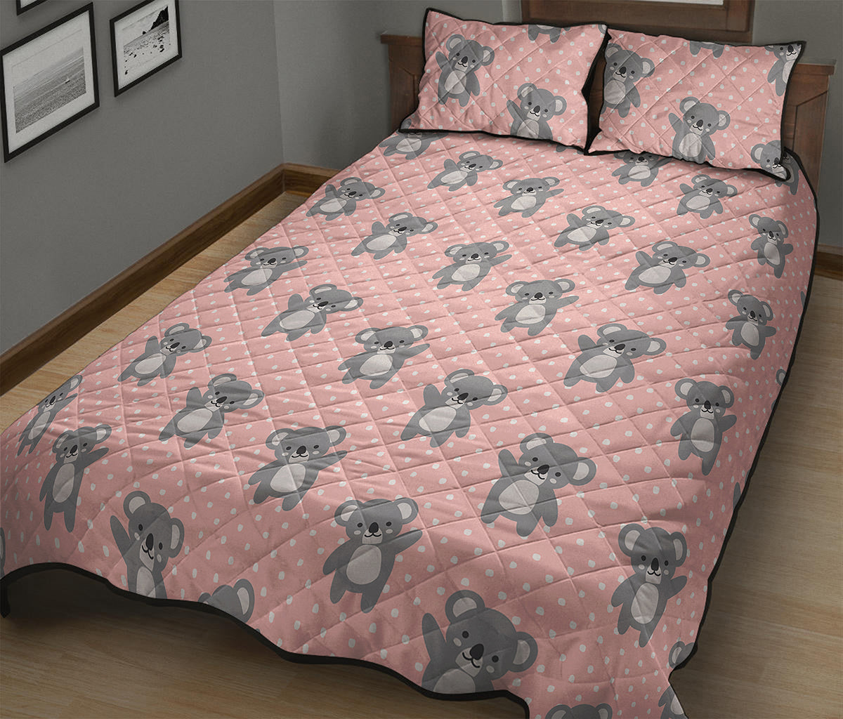 Polka Dot Koala Pattern Print Quilt Bed Set