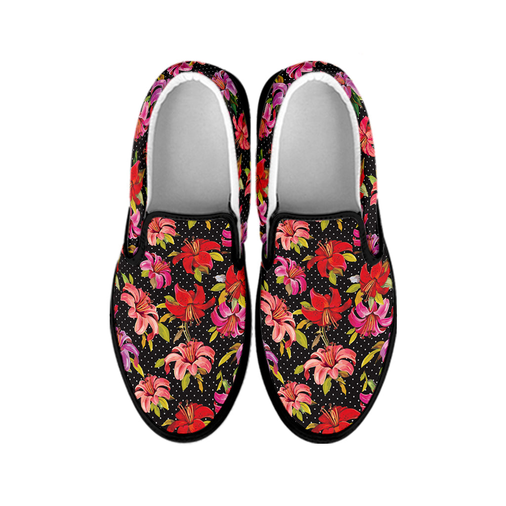 Polka Dot Lily Pattern Print Black Slip On Shoes