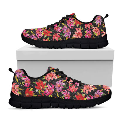 Polka Dot Lily Pattern Print Black Sneakers