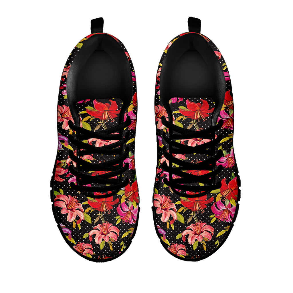 Polka Dot Lily Pattern Print Black Sneakers