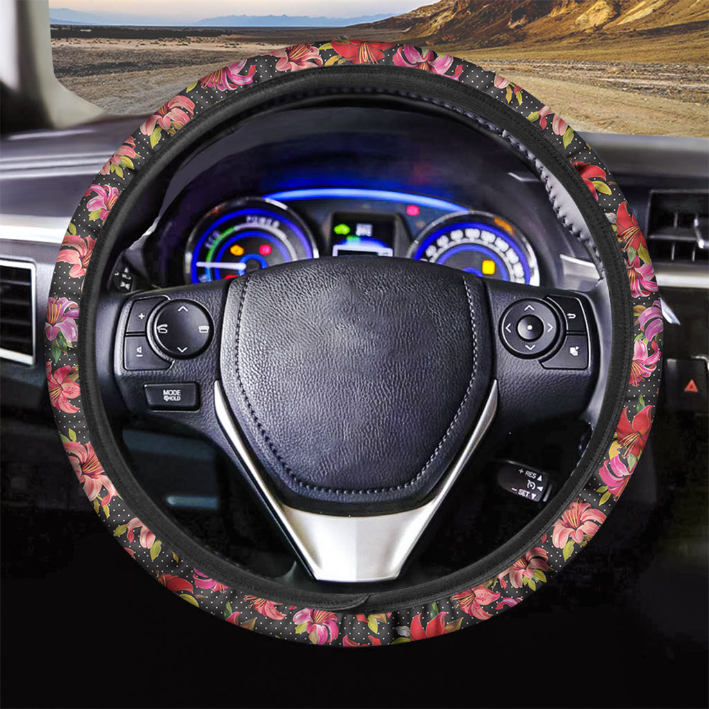 Polka Dot Lily Pattern Print Car Steering Wheel Cover