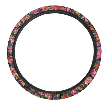 Polka Dot Lily Pattern Print Car Steering Wheel Cover