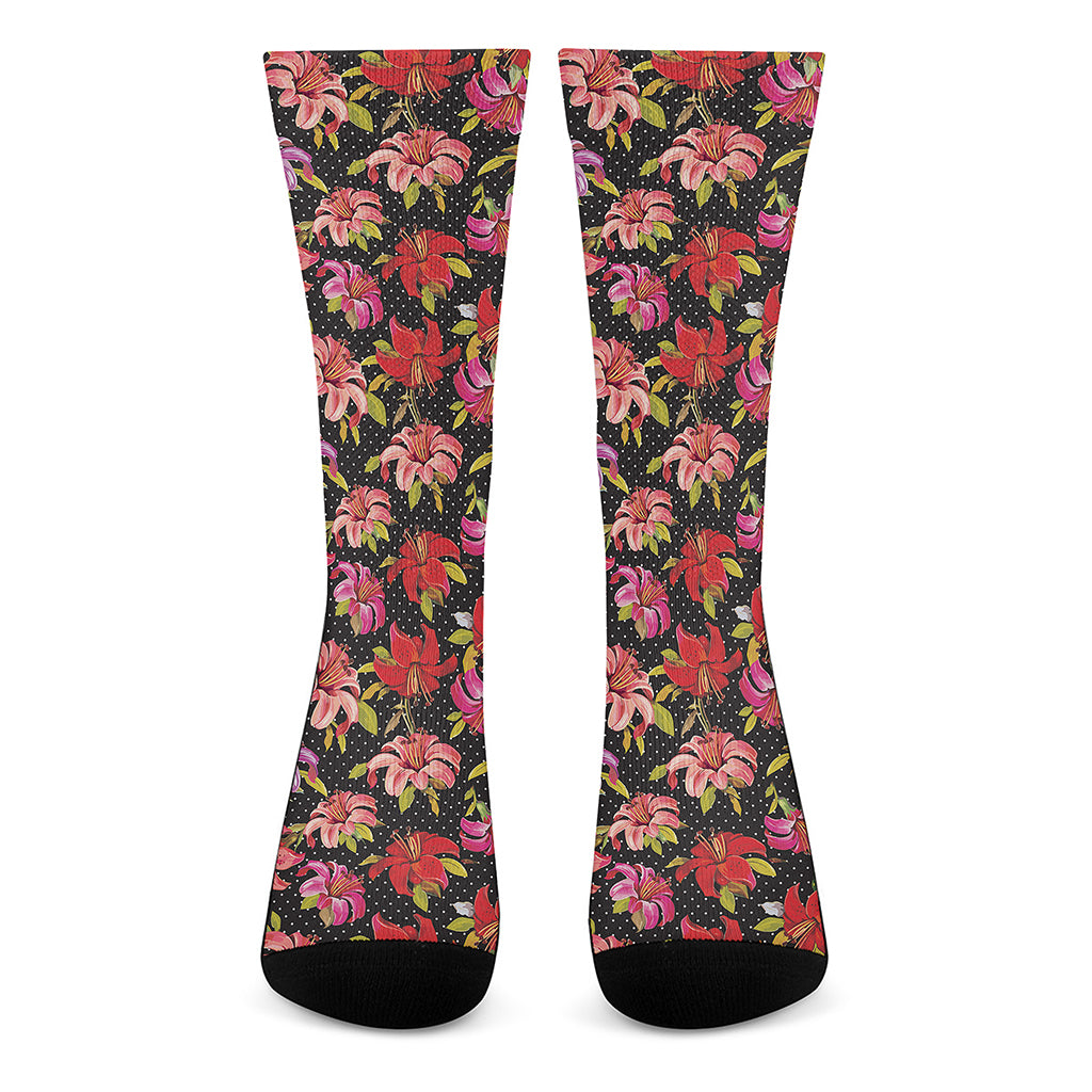 Polka Dot Lily Pattern Print Crew Socks