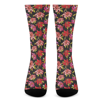 Polka Dot Lily Pattern Print Crew Socks