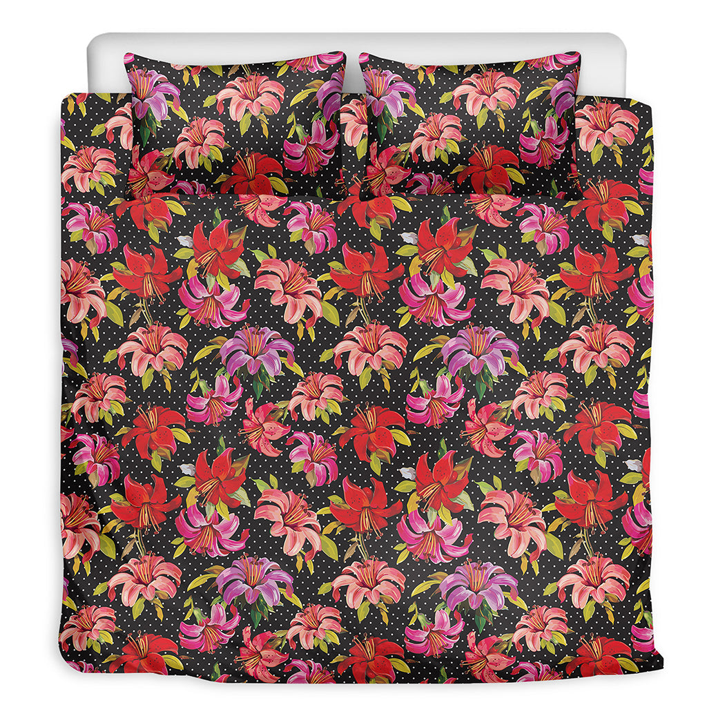 Polka Dot Lily Pattern Print Duvet Cover Bedding Set