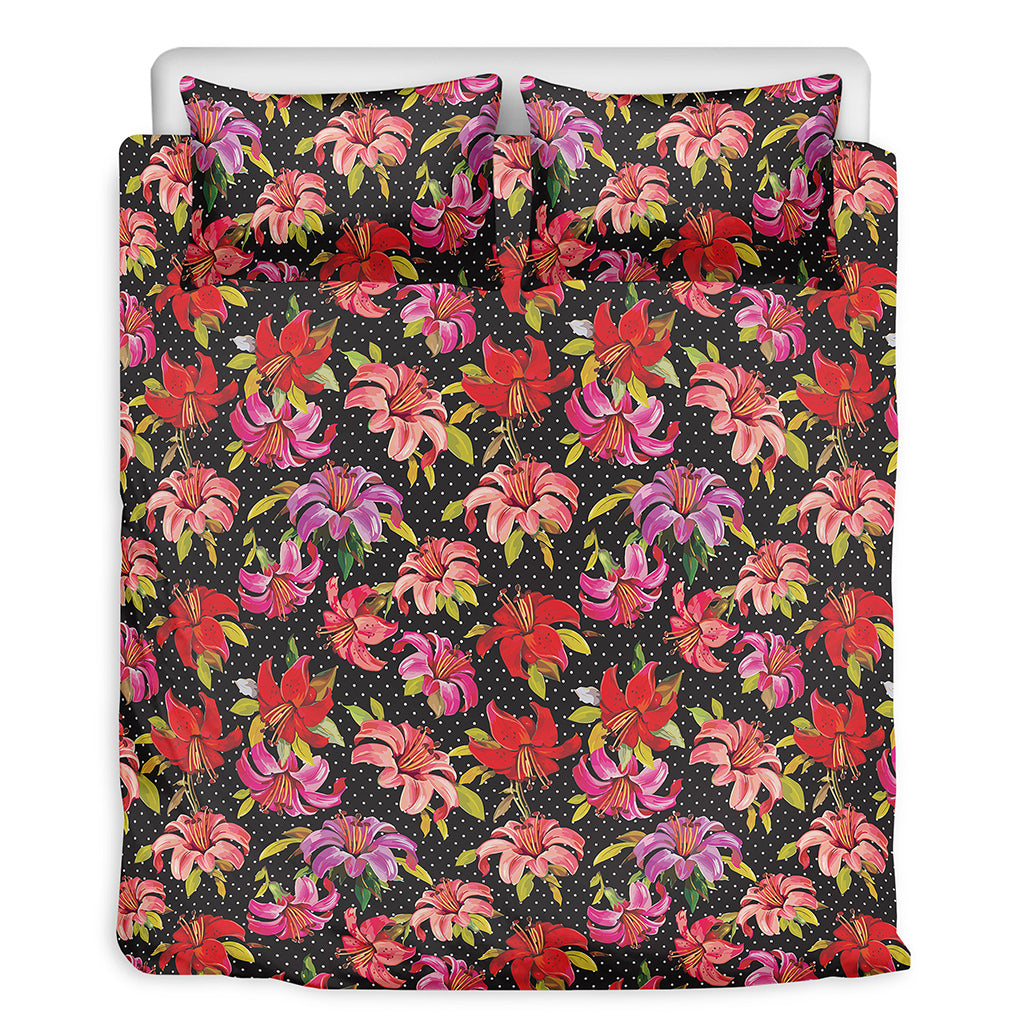 Polka Dot Lily Pattern Print Duvet Cover Bedding Set