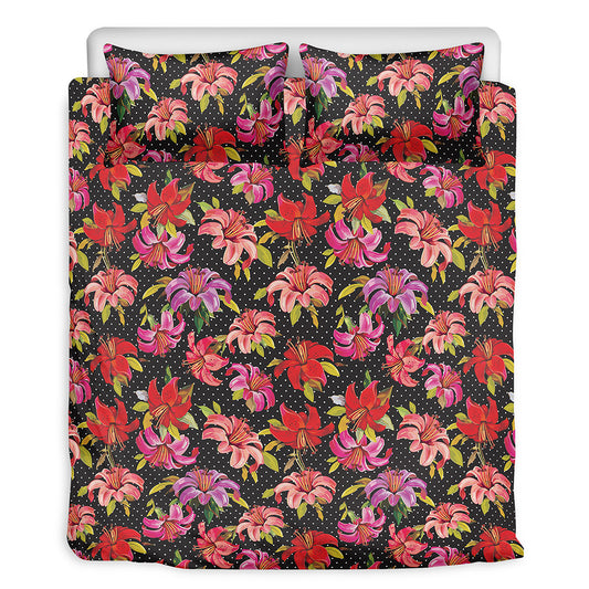 Polka Dot Lily Pattern Print Duvet Cover Bedding Set