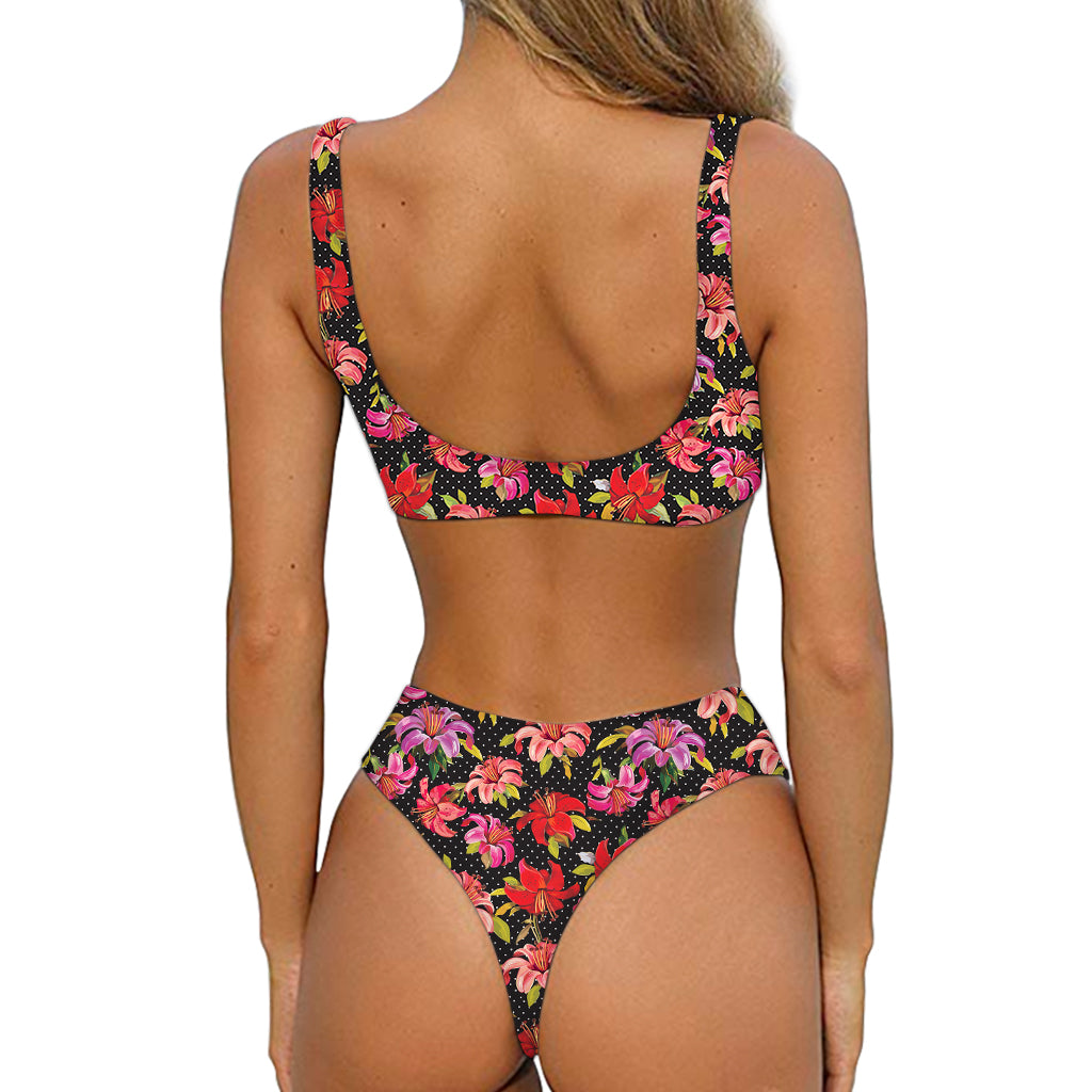 Polka Dot Lily Pattern Print Front Bow Tie Bikini