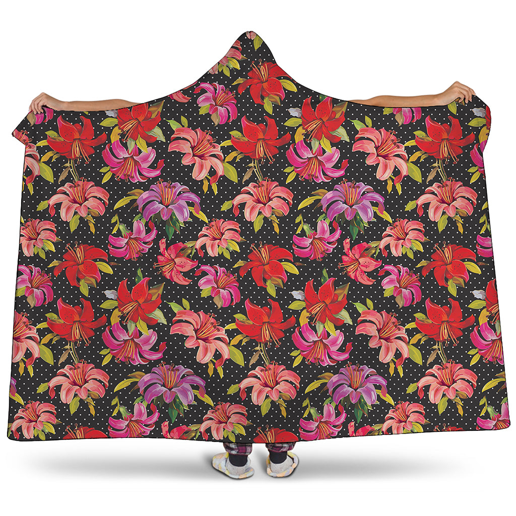 Polka Dot Lily Pattern Print Hooded Blanket