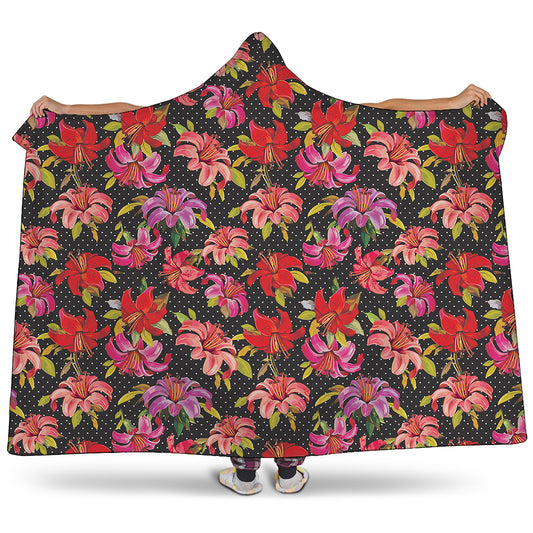 Polka Dot Lily Pattern Print Hooded Blanket