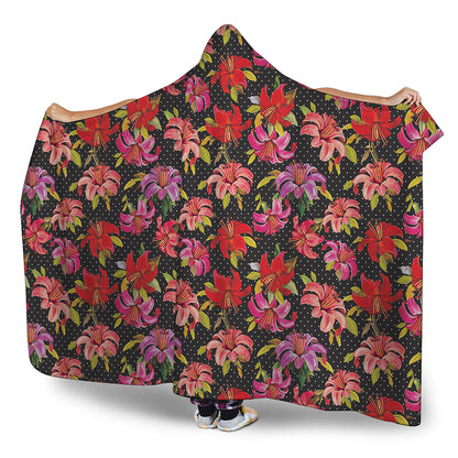 Polka Dot Lily Pattern Print Hooded Blanket