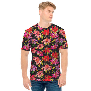 Polka Dot Lily Pattern Print Men's T-Shirt