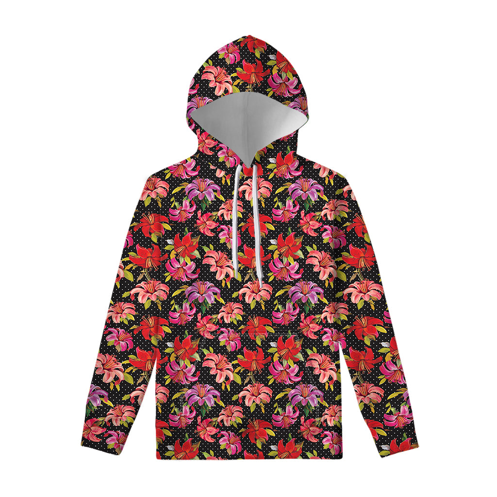 Polka Dot Lily Pattern Print Pullover Hoodie