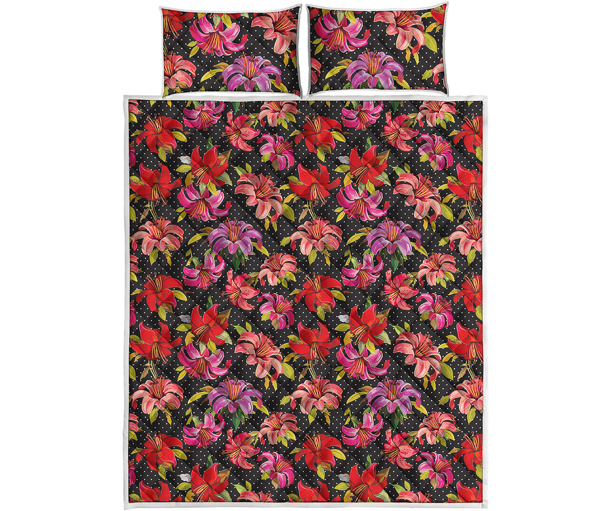 Polka Dot Lily Pattern Print Quilt Bed Set