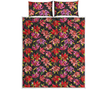 Polka Dot Lily Pattern Print Quilt Bed Set