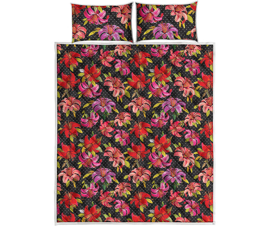 Polka Dot Lily Pattern Print Quilt Bed Set