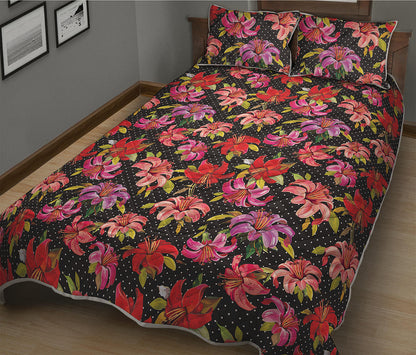 Polka Dot Lily Pattern Print Quilt Bed Set