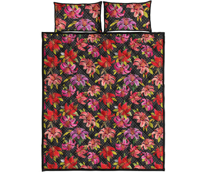 Polka Dot Lily Pattern Print Quilt Bed Set