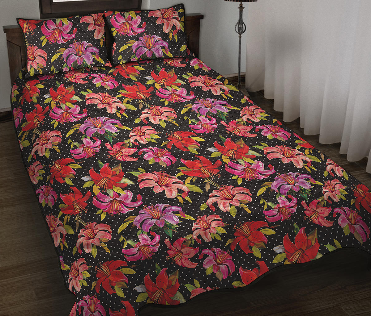 Polka Dot Lily Pattern Print Quilt Bed Set