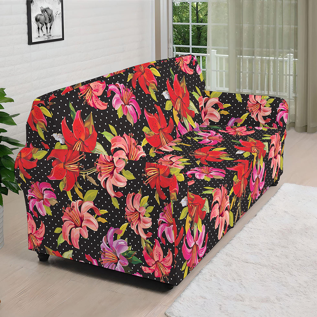 Polka Dot Lily Pattern Print Sofa Cover