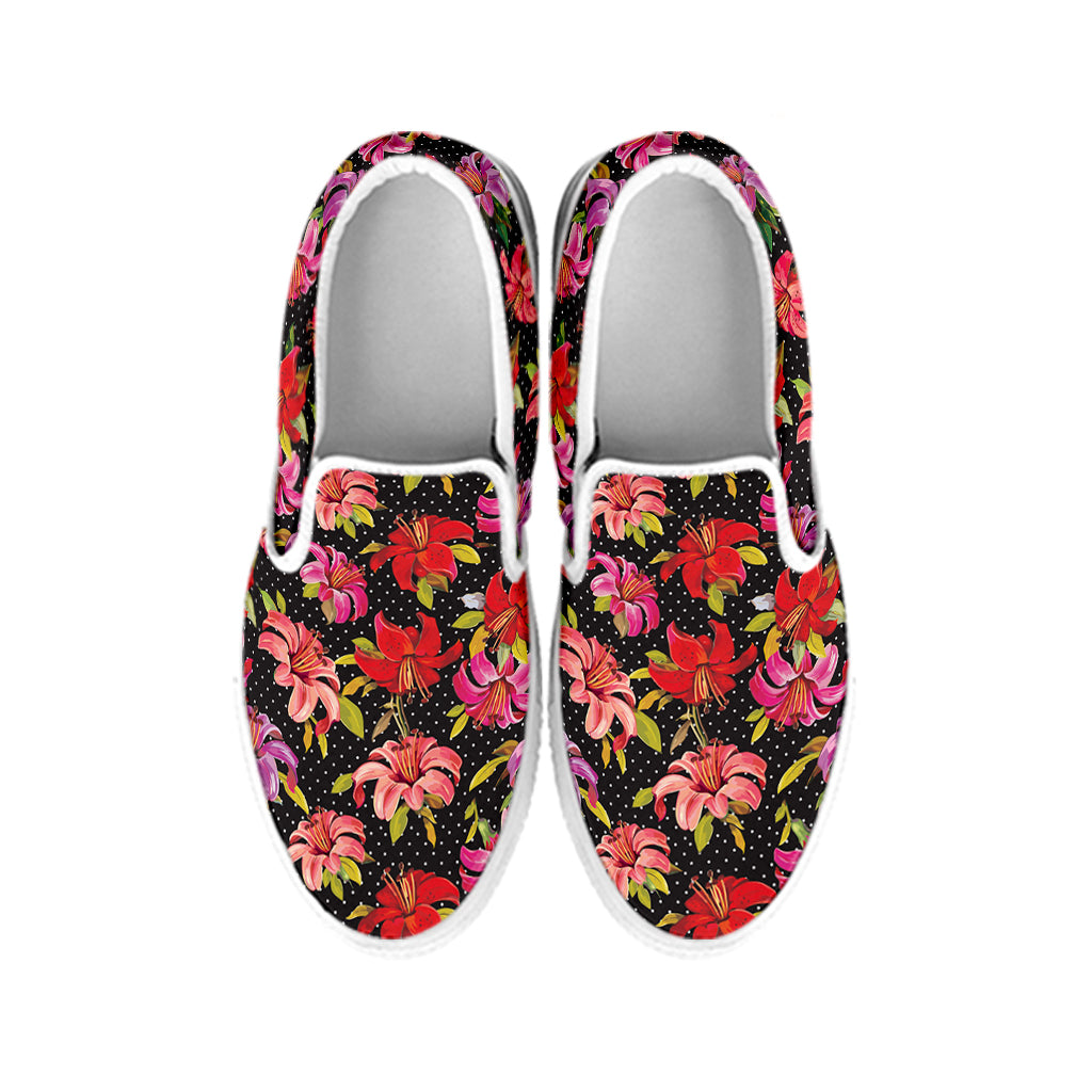 Polka Dot Lily Pattern Print White Slip On Shoes