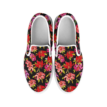 Polka Dot Lily Pattern Print White Slip On Shoes