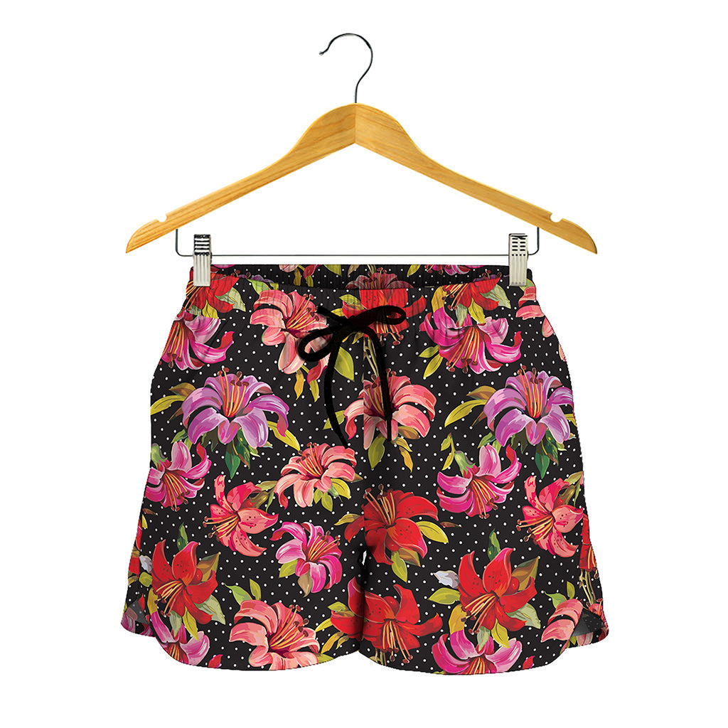 Polka Dot Lily Pattern Print Women's Shorts