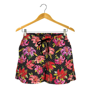 Polka Dot Lily Pattern Print Women's Shorts