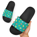Polka Dot Macaron Pattern Print Black Slide Sandals
