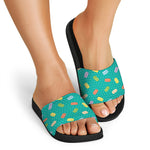 Polka Dot Macaron Pattern Print Black Slide Sandals