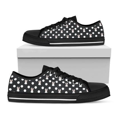 Polka Dot Rabbit Pattern Print Black Low Top Shoes