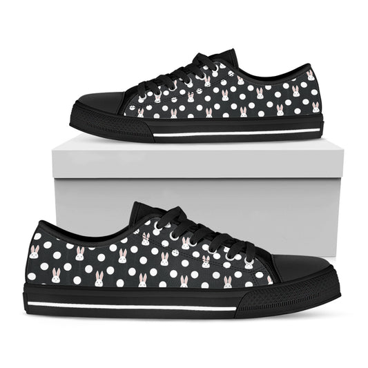 Polka Dot Rabbit Pattern Print Black Low Top Shoes