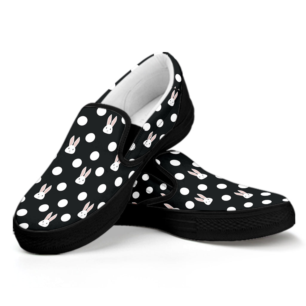 Polka Dot Rabbit Pattern Print Black Slip On Shoes
