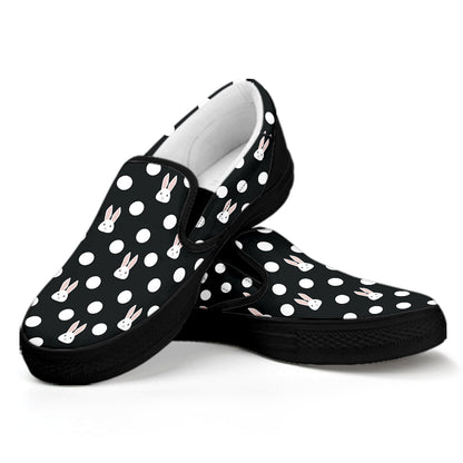 Polka Dot Rabbit Pattern Print Black Slip On Shoes