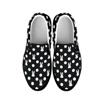 Polka Dot Rabbit Pattern Print Black Slip On Shoes