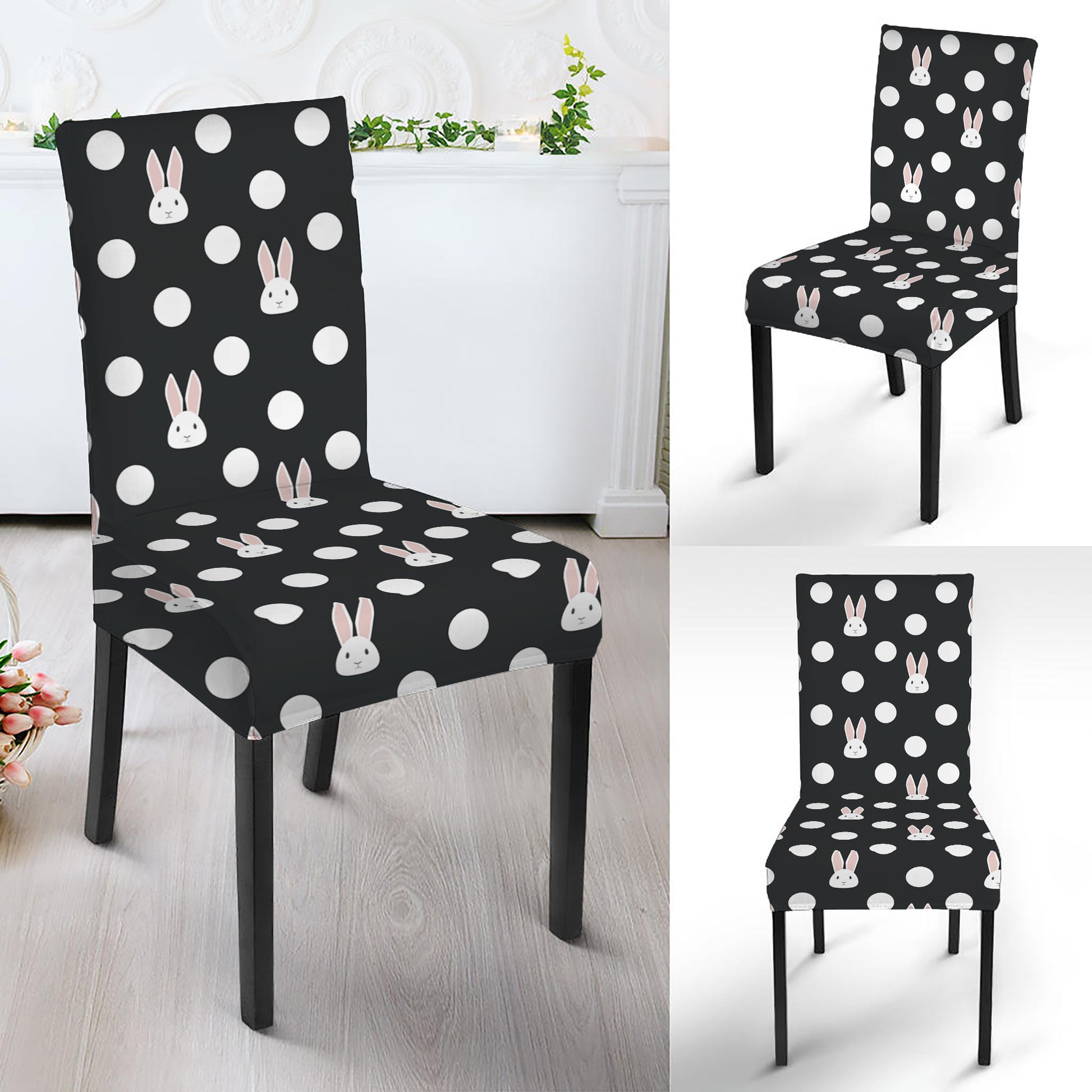 Polka Dot Rabbit Pattern Print Dining Chair Slipcover