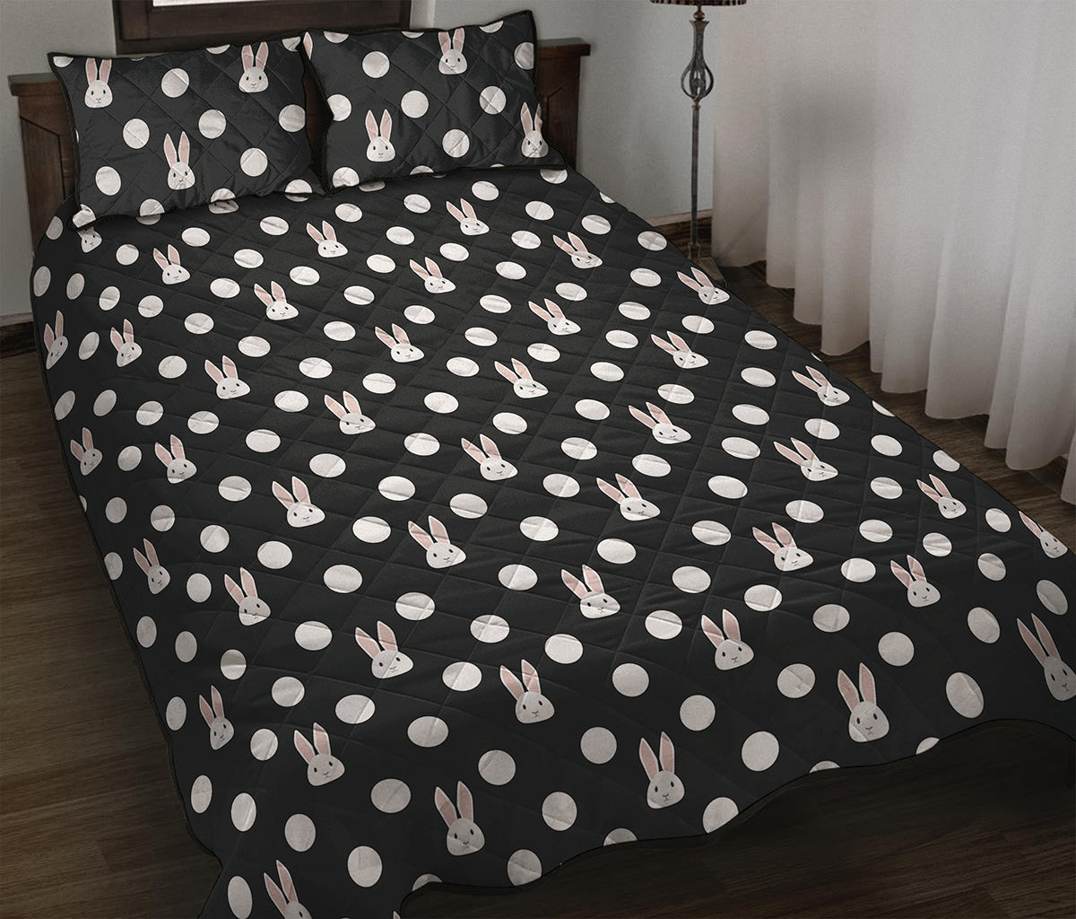Polka Dot Rabbit Pattern Print Quilt Bed Set