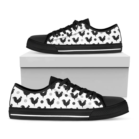 Polka Dot Rooster Pattern Print Black Low Top Shoes