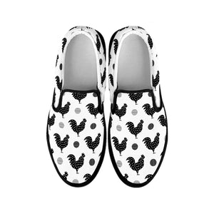 Polka Dot Rooster Pattern Print Black Slip On Shoes