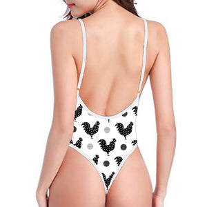 Polka Dot Rooster Pattern Print One Piece High Cut Swimsuit