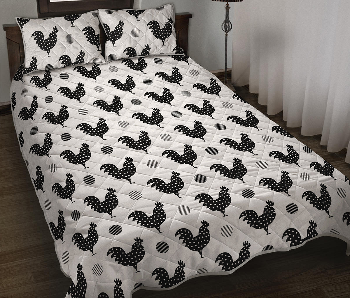 Polka Dot Rooster Pattern Print Quilt Bed Set