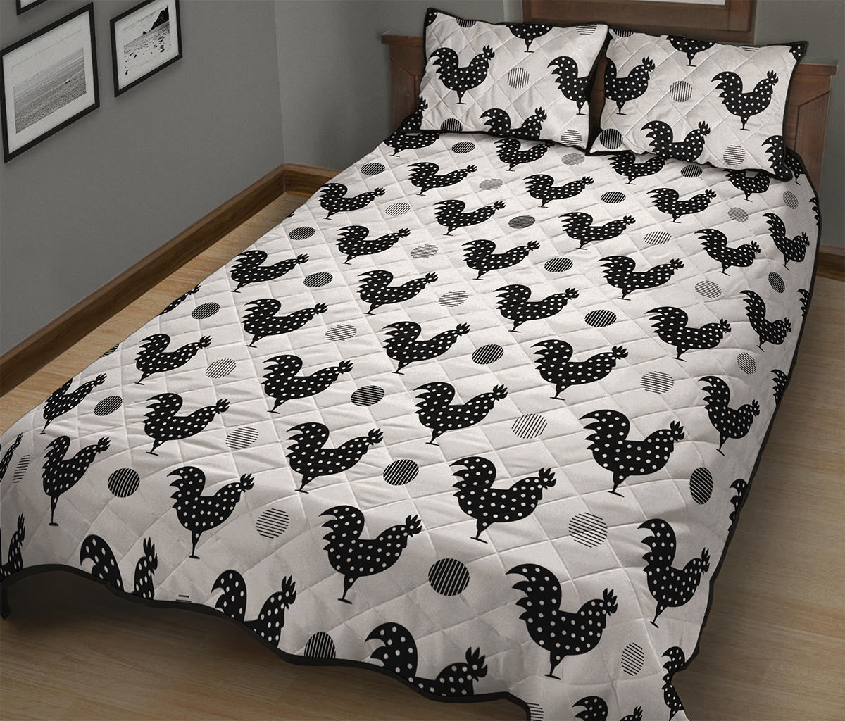 Polka Dot Rooster Pattern Print Quilt Bed Set