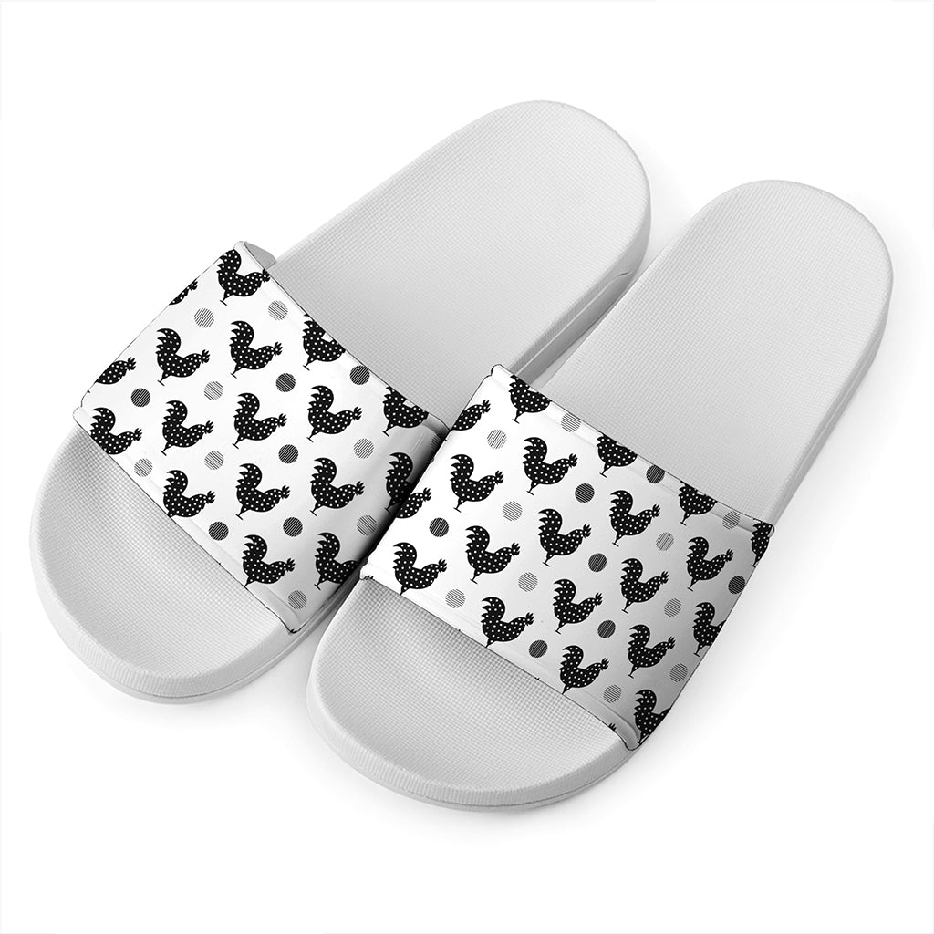 Polka Dot Rooster Pattern Print White Slide Sandals