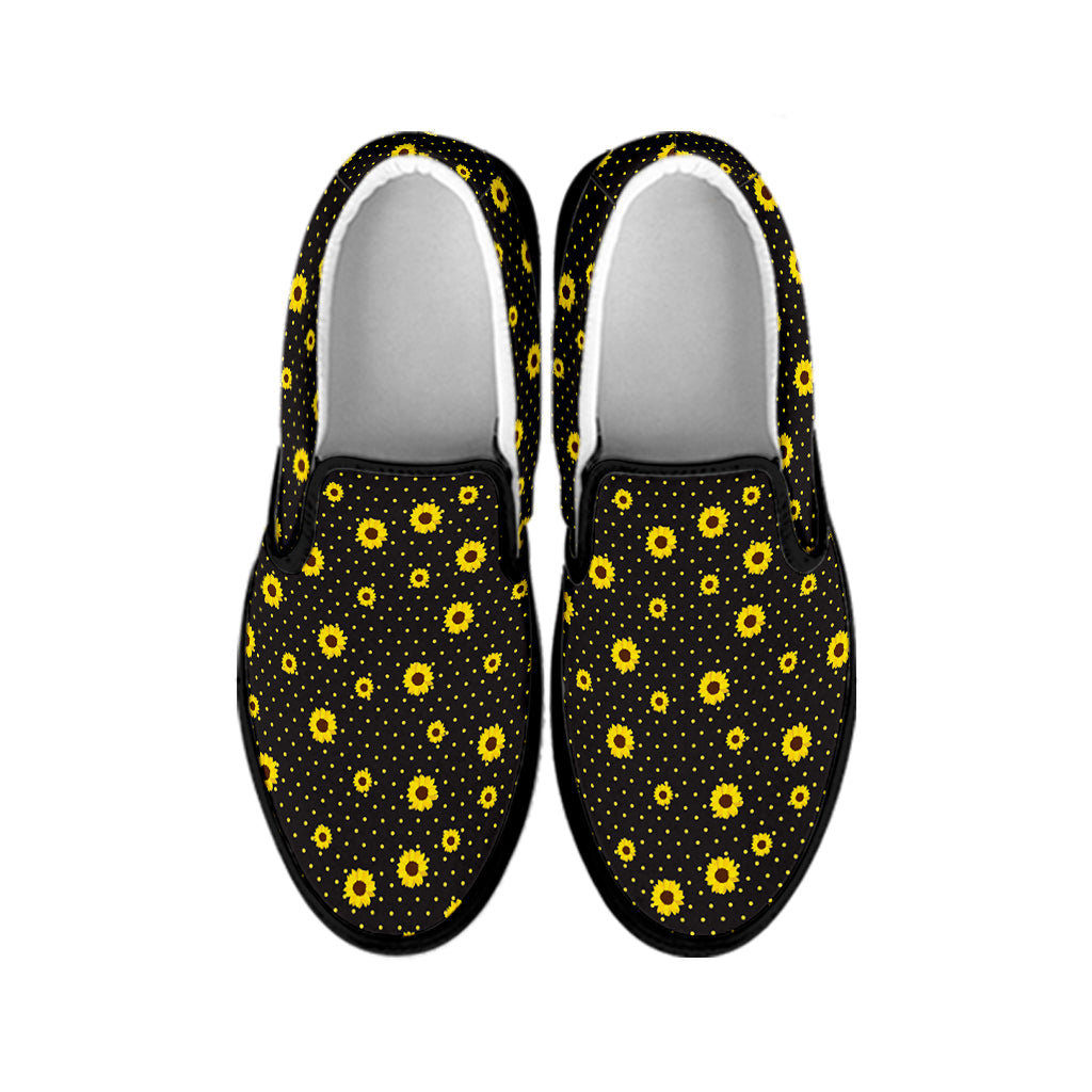 Polka Dot Sunflower Pattern Print Black Slip On Shoes