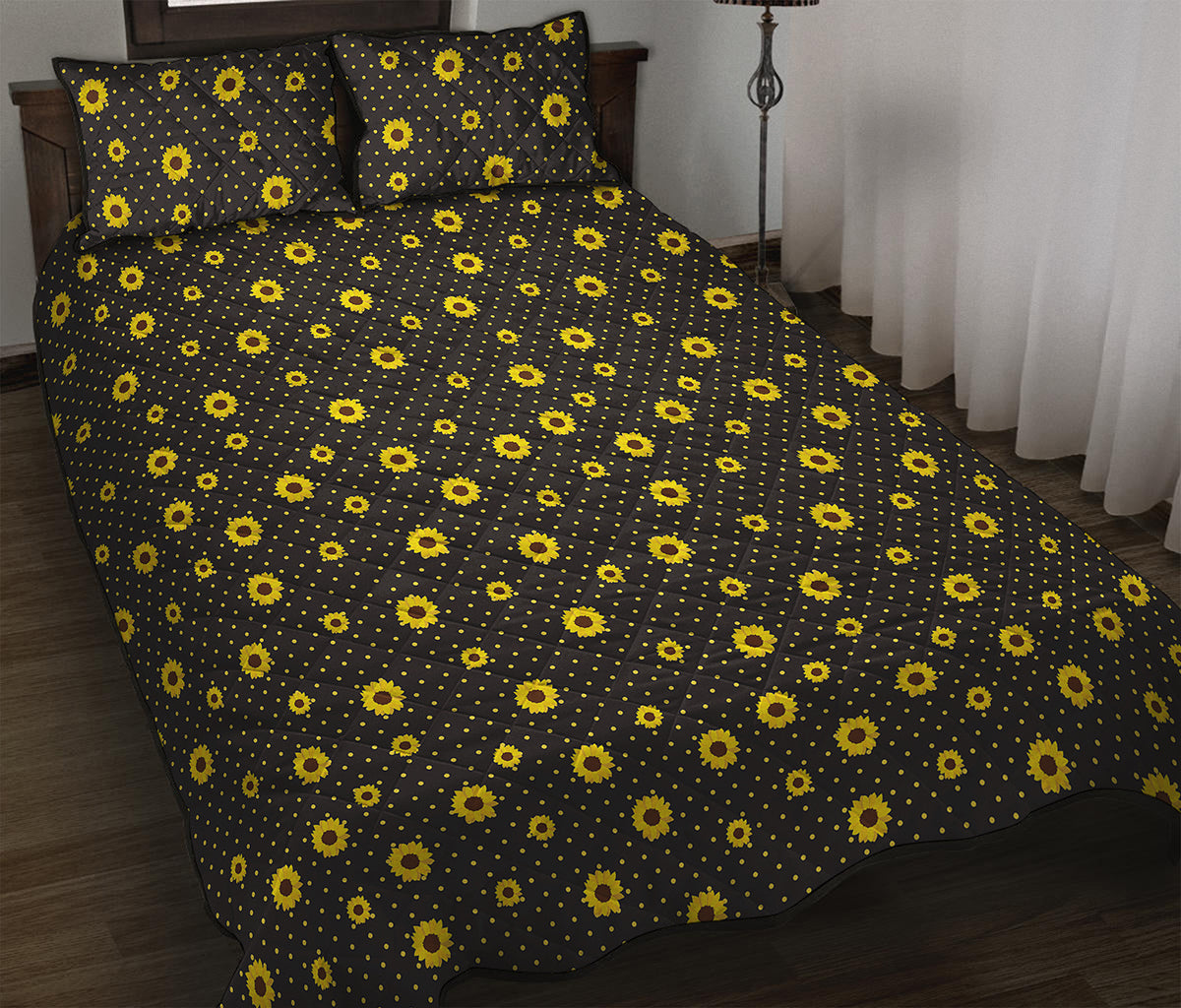 Polka Dot Sunflower Pattern Print Quilt Bed Set