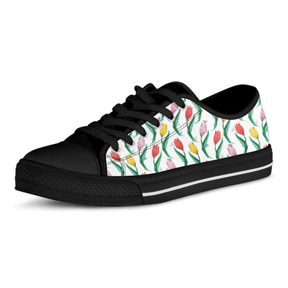 Polygon Tulip Pattern Print Black Low Top Shoes
