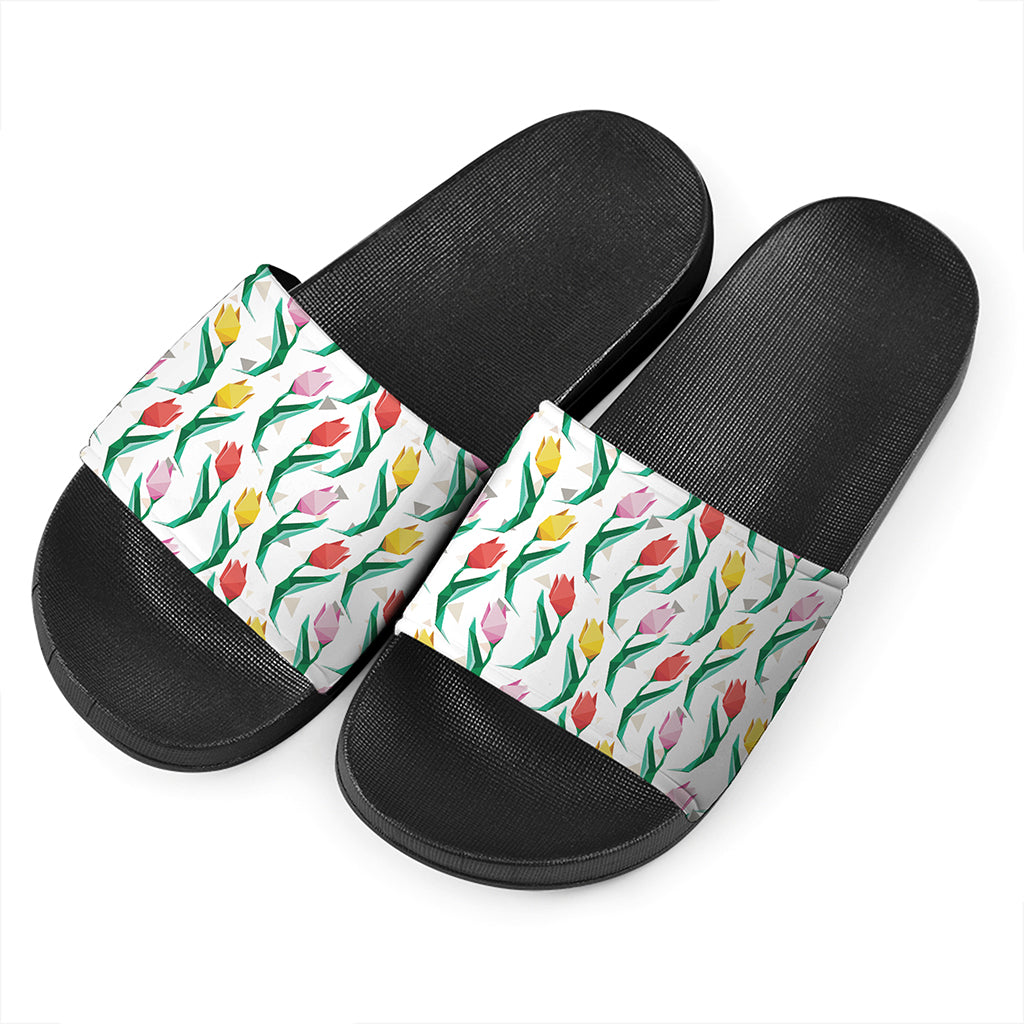 Polygon Tulip Pattern Print Black Slide Sandals