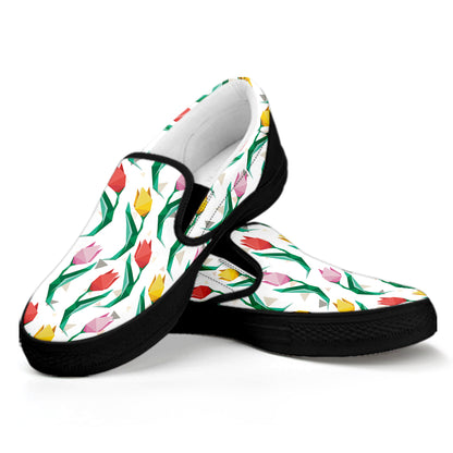 Polygon Tulip Pattern Print Black Slip On Shoes