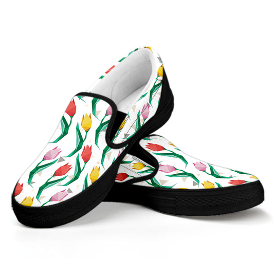 Polygon Tulip Pattern Print Black Slip On Shoes