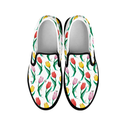 Polygon Tulip Pattern Print Black Slip On Shoes